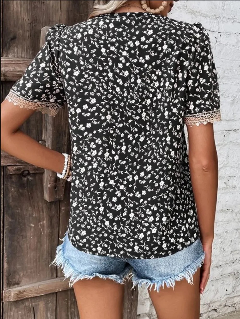 Women's V-neck lace casual solid color shirt