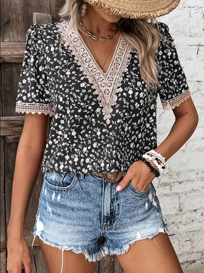 Women's V-neck lace casual solid color shirt